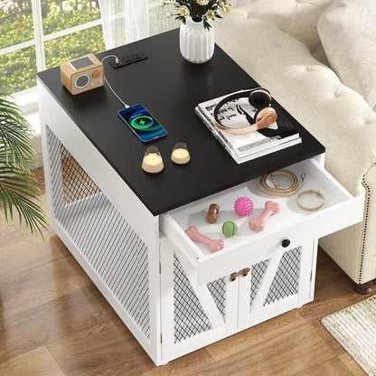 Dog Crate End Table Furniture with Drawer &amp; USB Charging | Wooden Dog Kennel for Medium Dogs