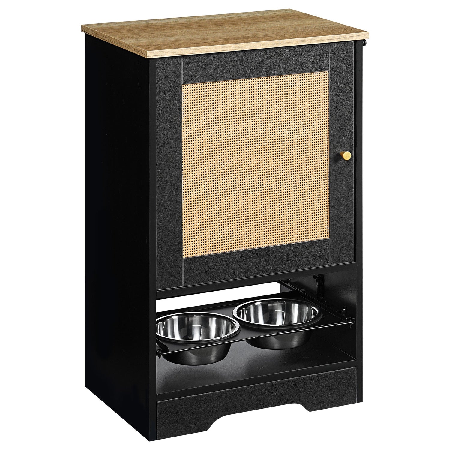 Feeding Station with 1 Storage Cabinets, Pet Feeding Station with 2 Elevated Dog Bowls, Side Hooks, Anti-tip Kit, Hidden Pet Feeder Station for Feeding &amp; Watering, Black