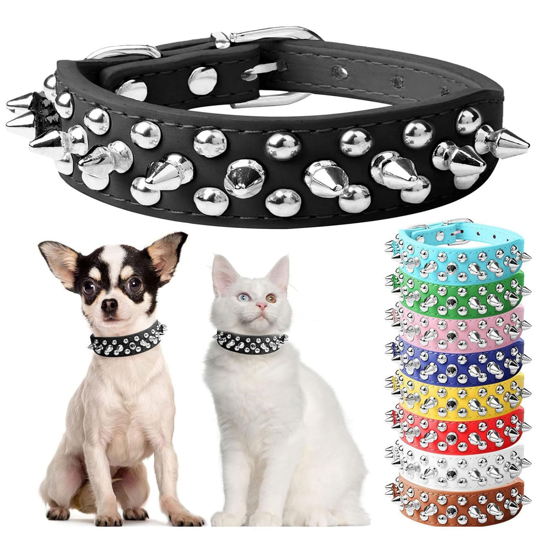 Small Spiked Black Dog Cat Collar For Small Medium Dogs Boy Male - Adjustable Studded Puppy Collars - Soft Padded Punk Leather Dog Collar For Chihuahua French Bulldog Pug