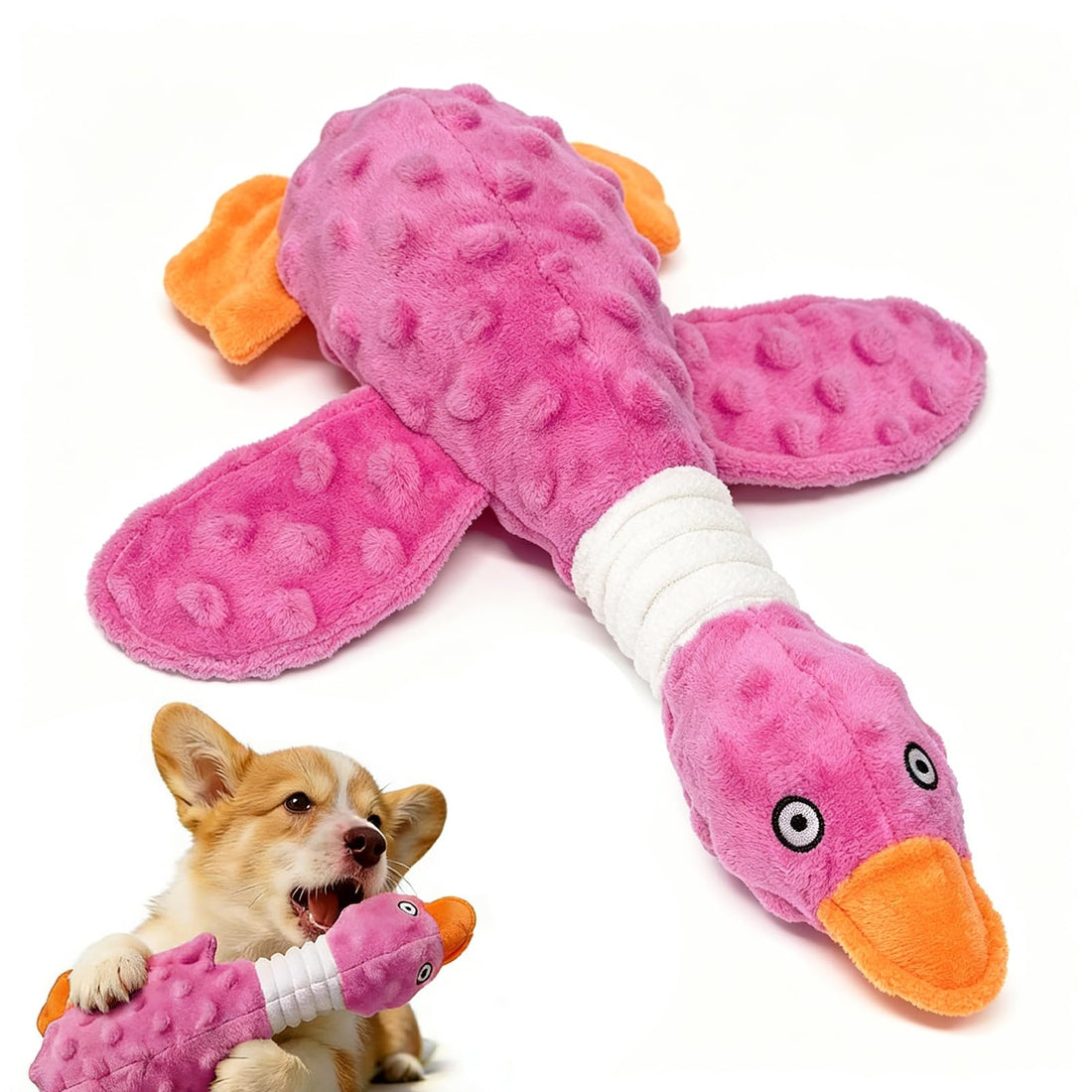 Squeaky Dog Toys For Aggressive Chewers, Durable Stuffed Animal Plush Dog Toy With Soft Fabric For Large, Medium &amp; Small Dogs, Interactive Puppy Chew Toy For Teething, Crinkle Duck Dog Toy - Pink