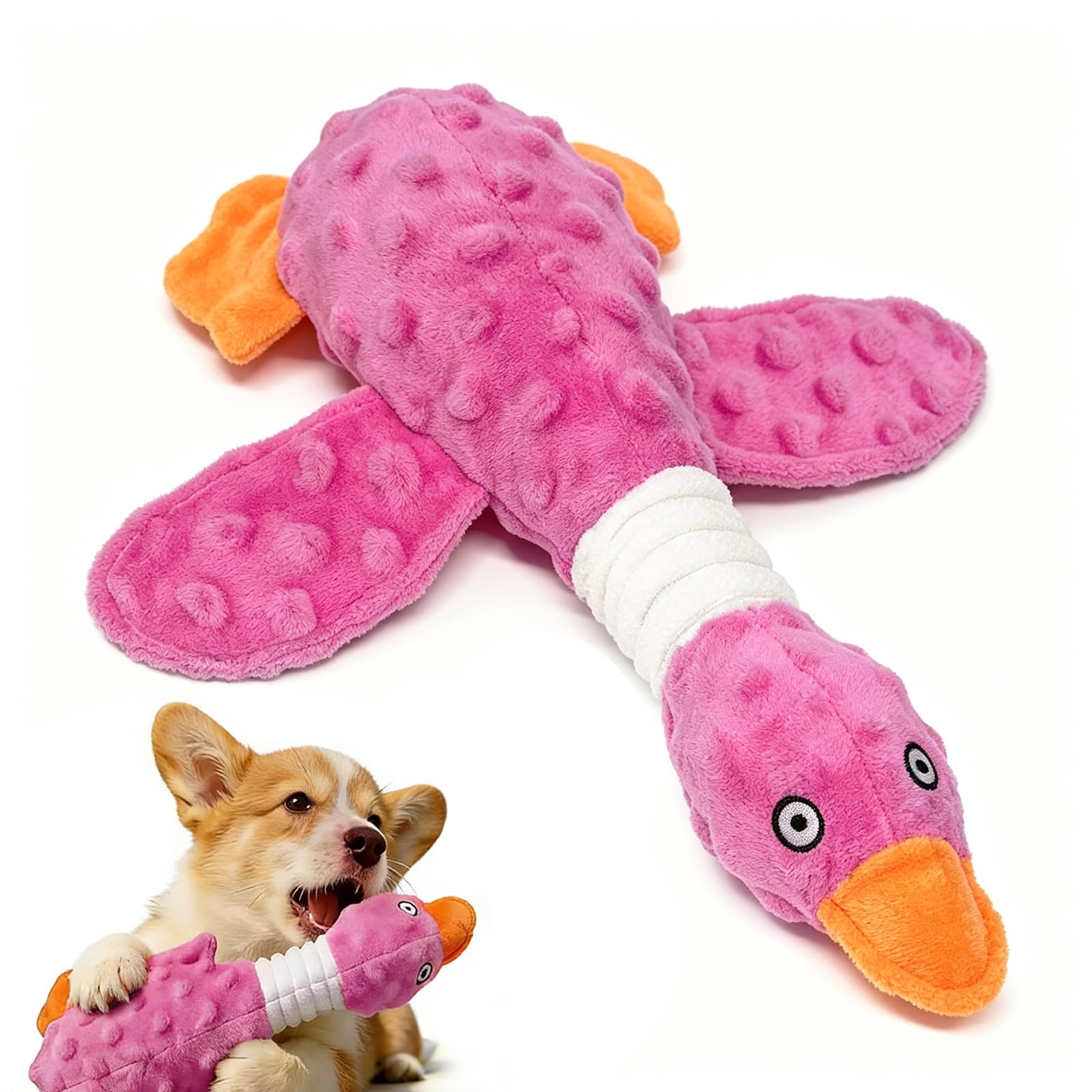 Squeaky Dog Toys For Aggressive Chewers, Durable Stuffed Animal Plush Dog Toy With Soft Fabric For Large, Medium &amp; Small Dogs, Interactive Puppy Chew Toy For Teething, Crinkle Duck Dog Toy - Pink