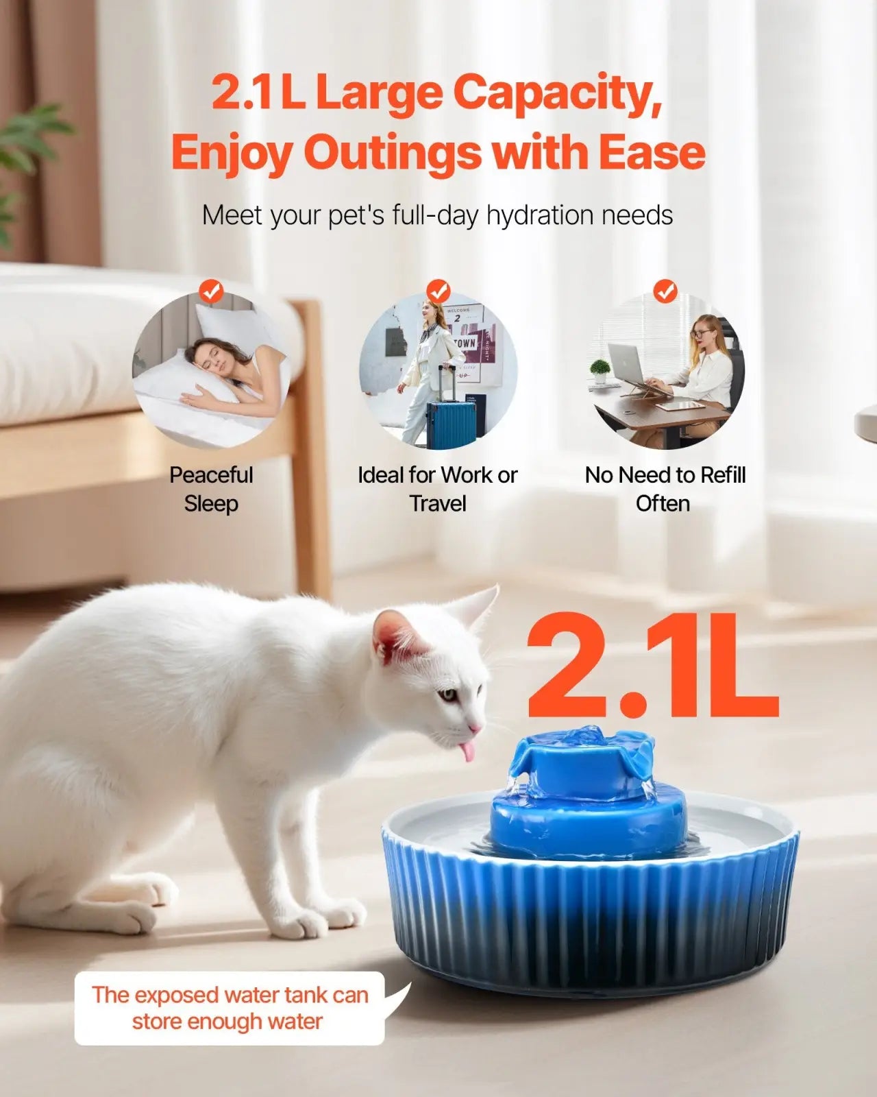 Ceramic Cat Water Fountain 2.1l Blue Tiered Pet Bowl