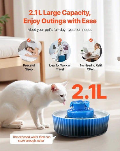 Ceramic Cat Water Fountain 2.1l Blue Tiered Pet Bowl