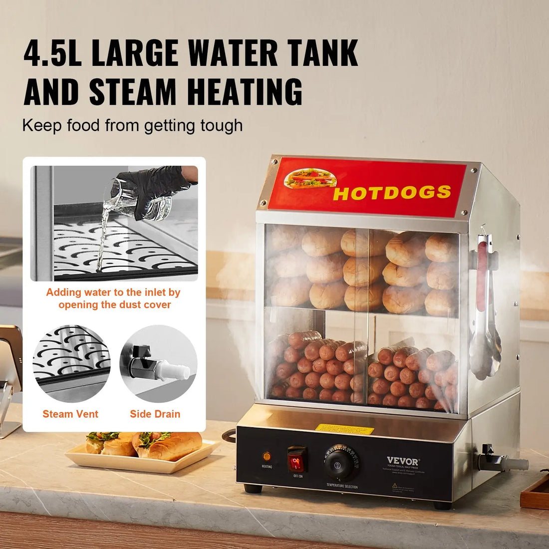Commercial Hot Dog Steamer and 28.5qt Bun Warmer Case