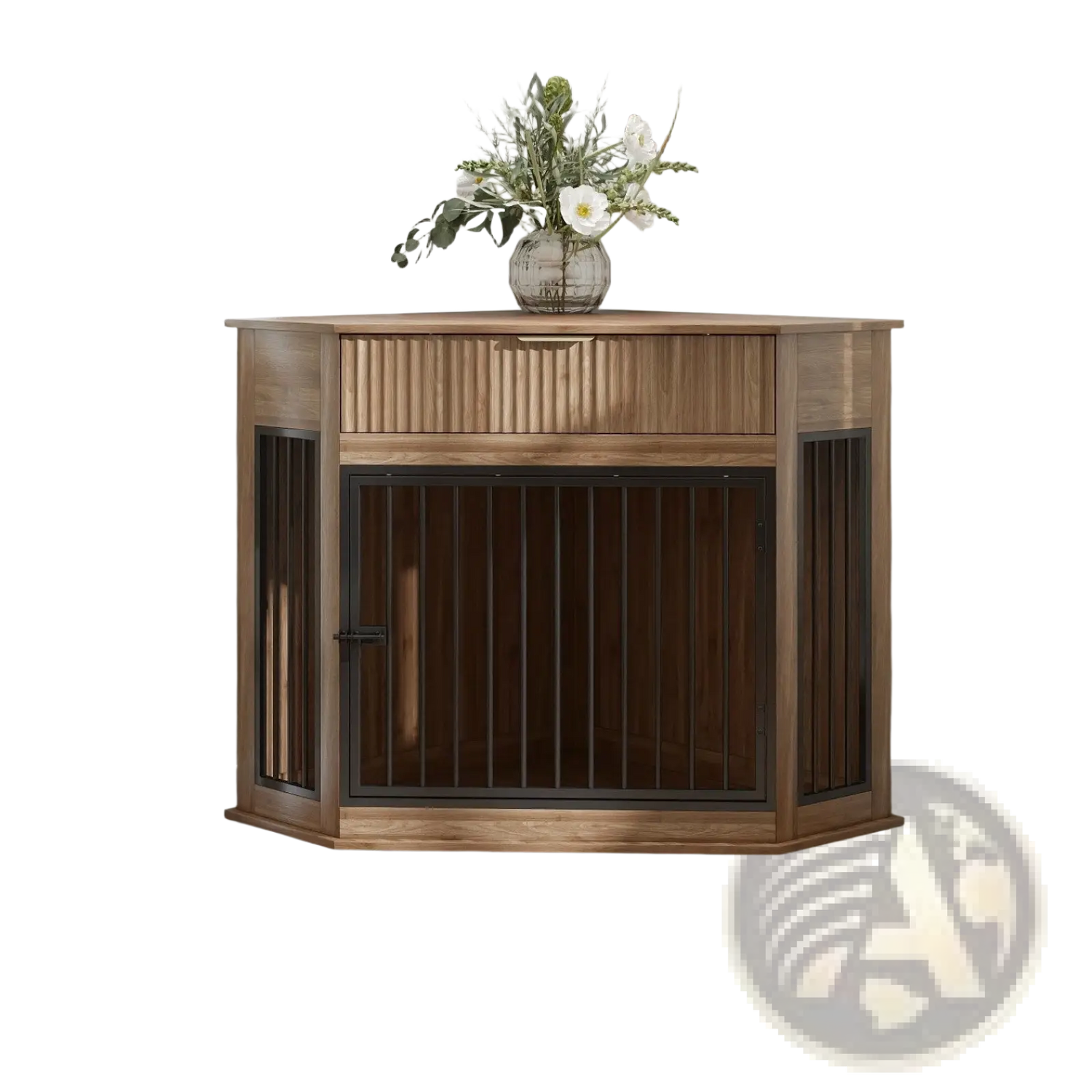 Corner Dog Crate Furniture with Fluted Storage Drawer