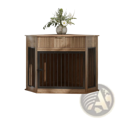 Corner Dog Crate Furniture with Fluted Storage Drawer