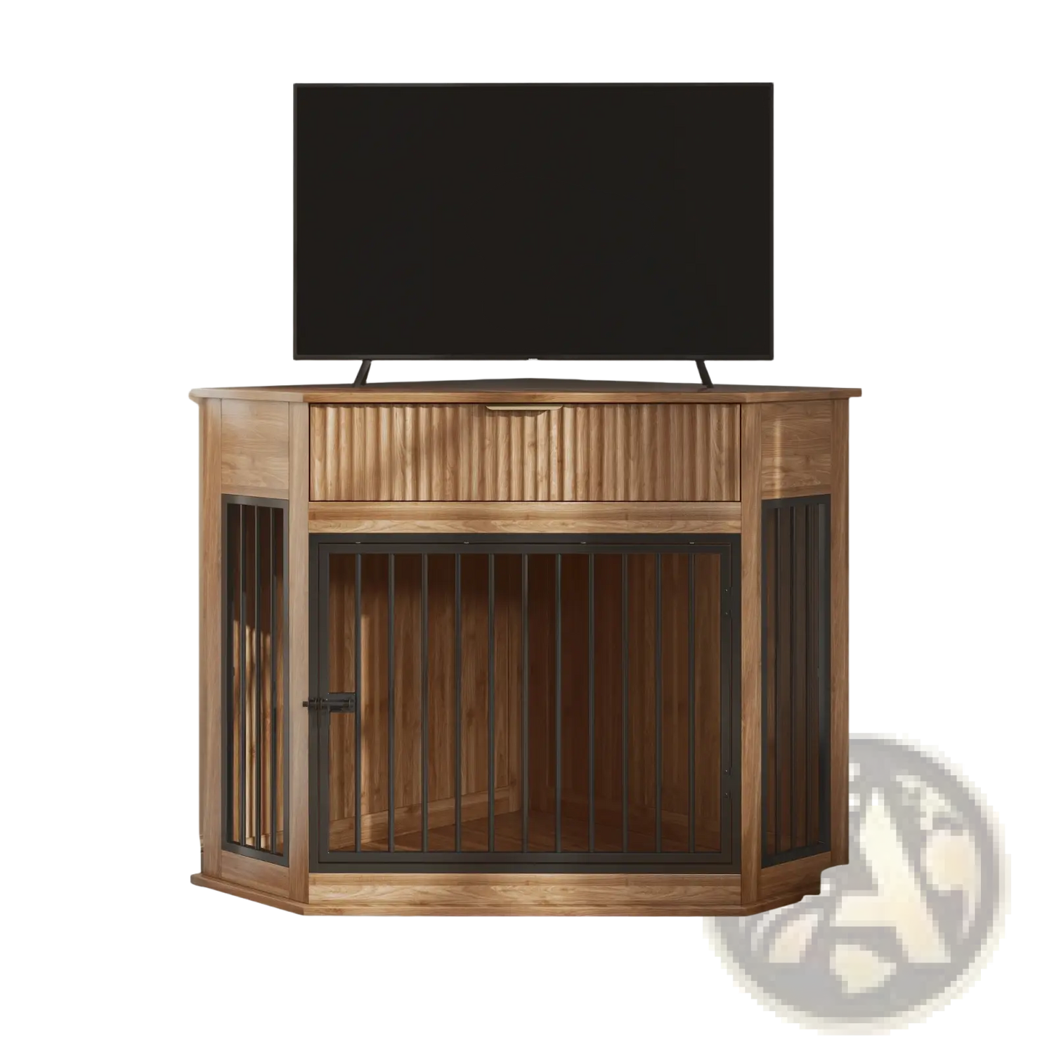 Corner Dog Crate Furniture with Fluted Storage Drawer