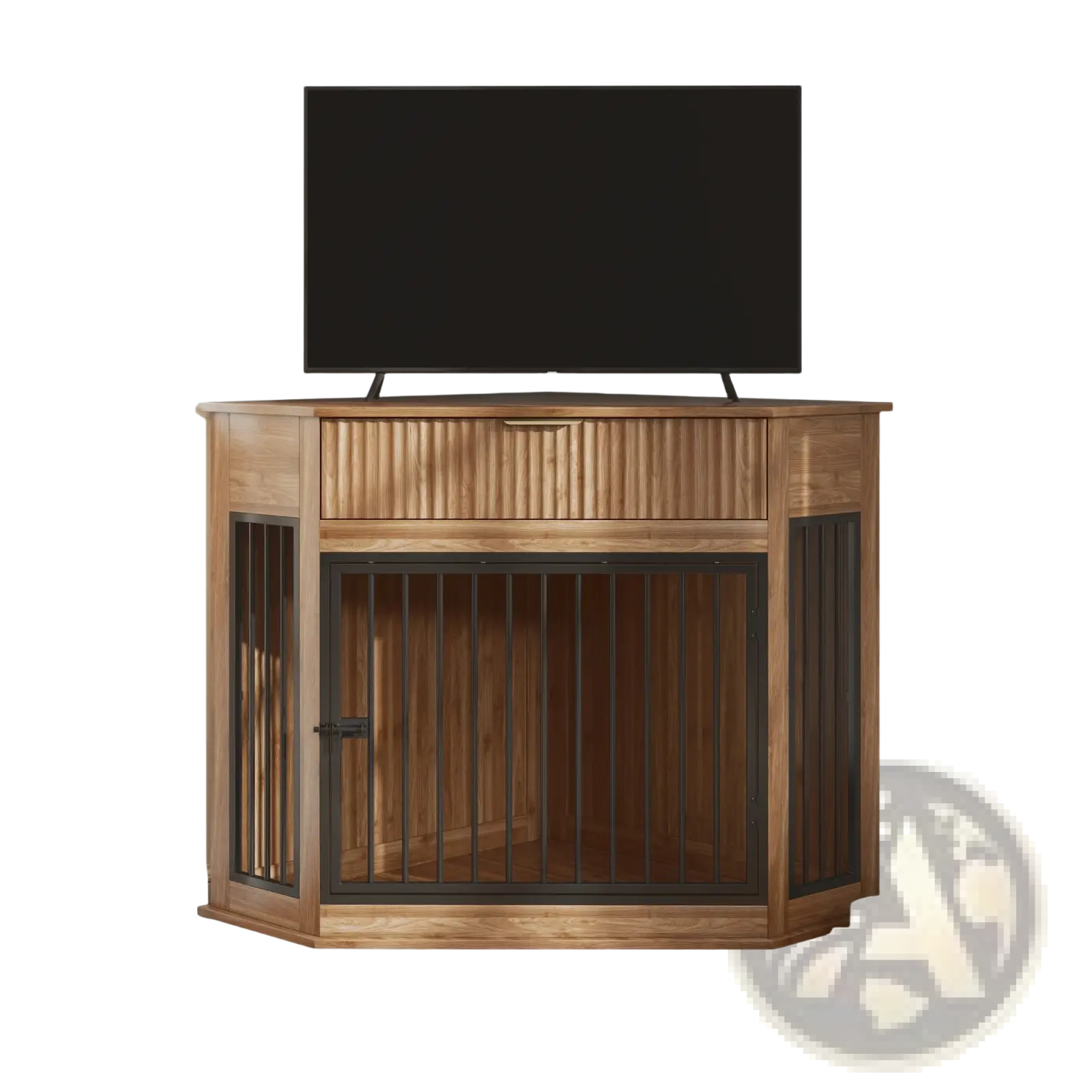 Corner Dog Crate Furniture with Fluted Storage Drawer