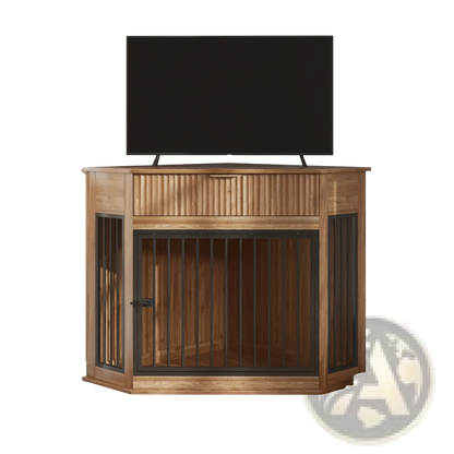 Corner Dog Crate Furniture with Fluted Storage Drawer