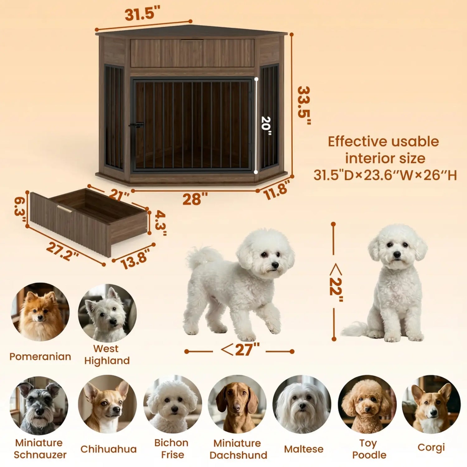 Corner Dog Crate Furniture with Fluted Storage Drawer