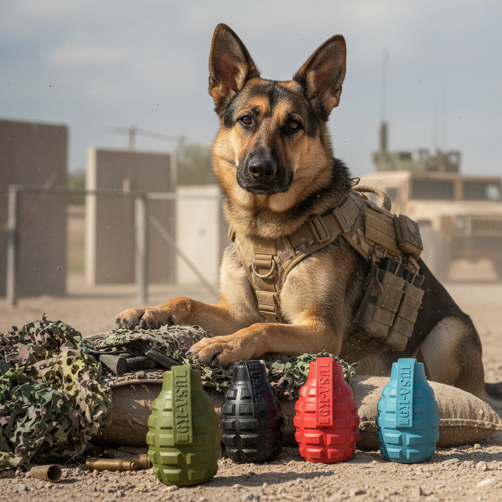 USA-K9 Grenade Rubber Dog Chew Toy | K9 Handler eDispenser Toy | Red &amp; Blue | USA Made
