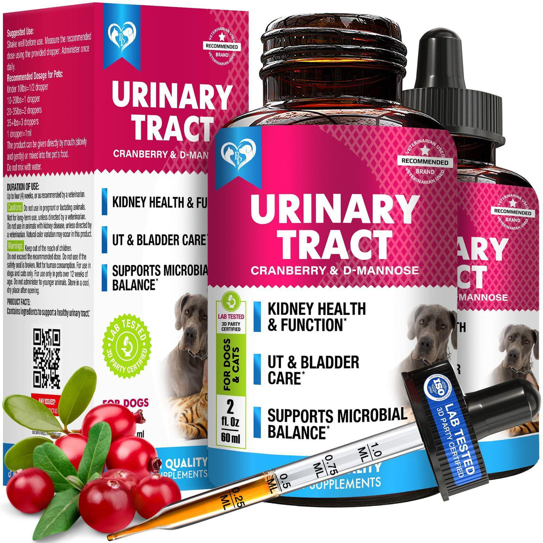 Cat &amp; Dog UTI Treatment Drops 60 ml 2-Pack Cranberry &amp; D-Mannose Bladder Support