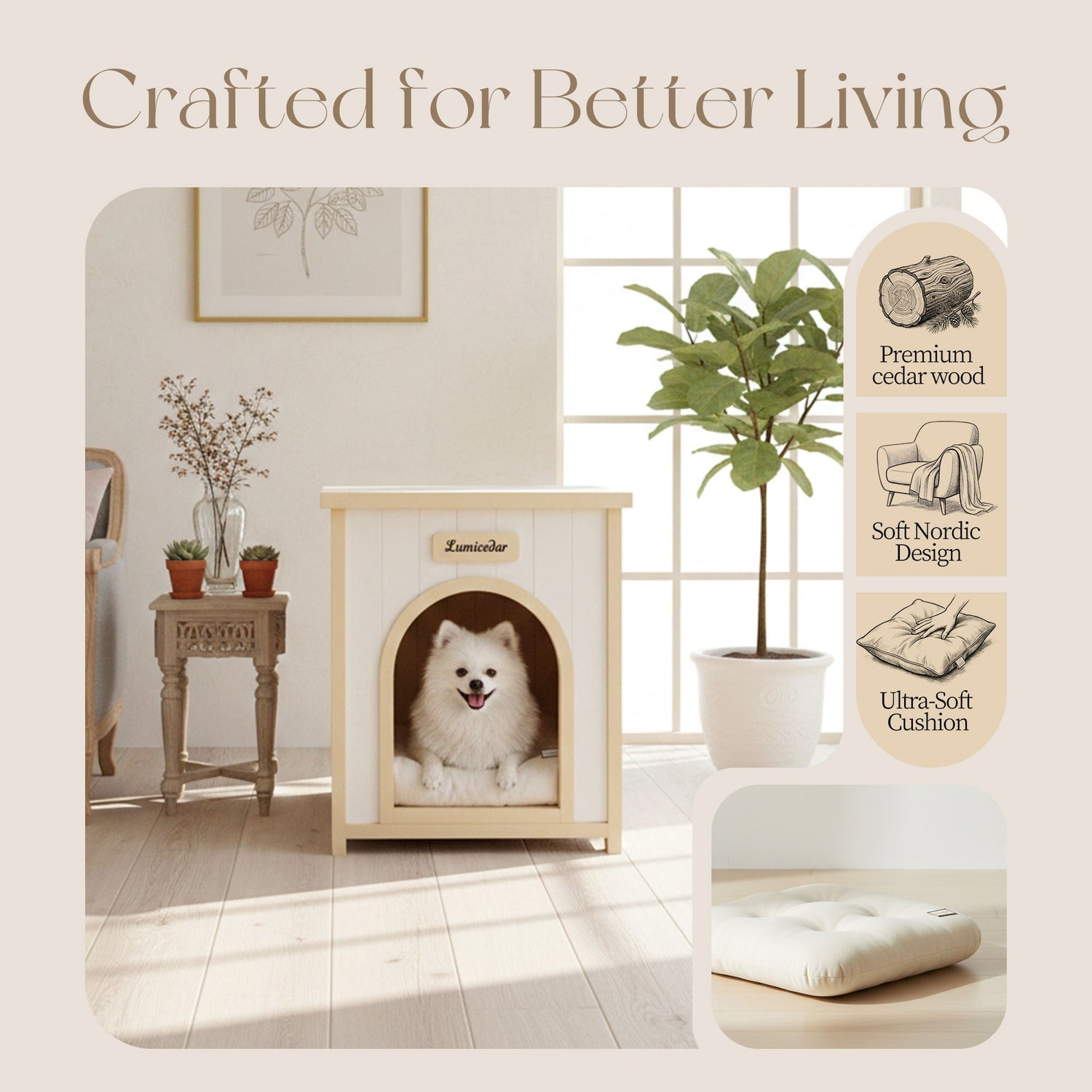 Indoor Dog House With Removable Cushion, Pet House For Cats &amp; Small Dogs - Cream White / Light Yellow