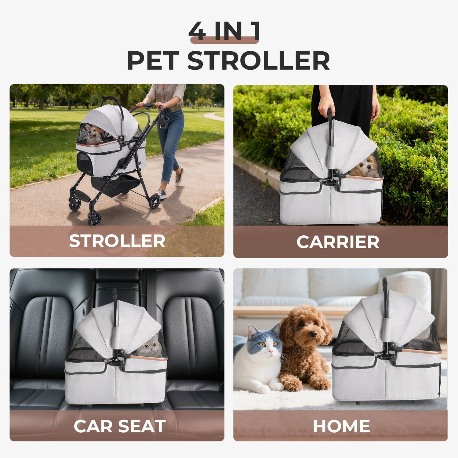 4-Wheel Foldable Pet Stroller for Dogs and Cats