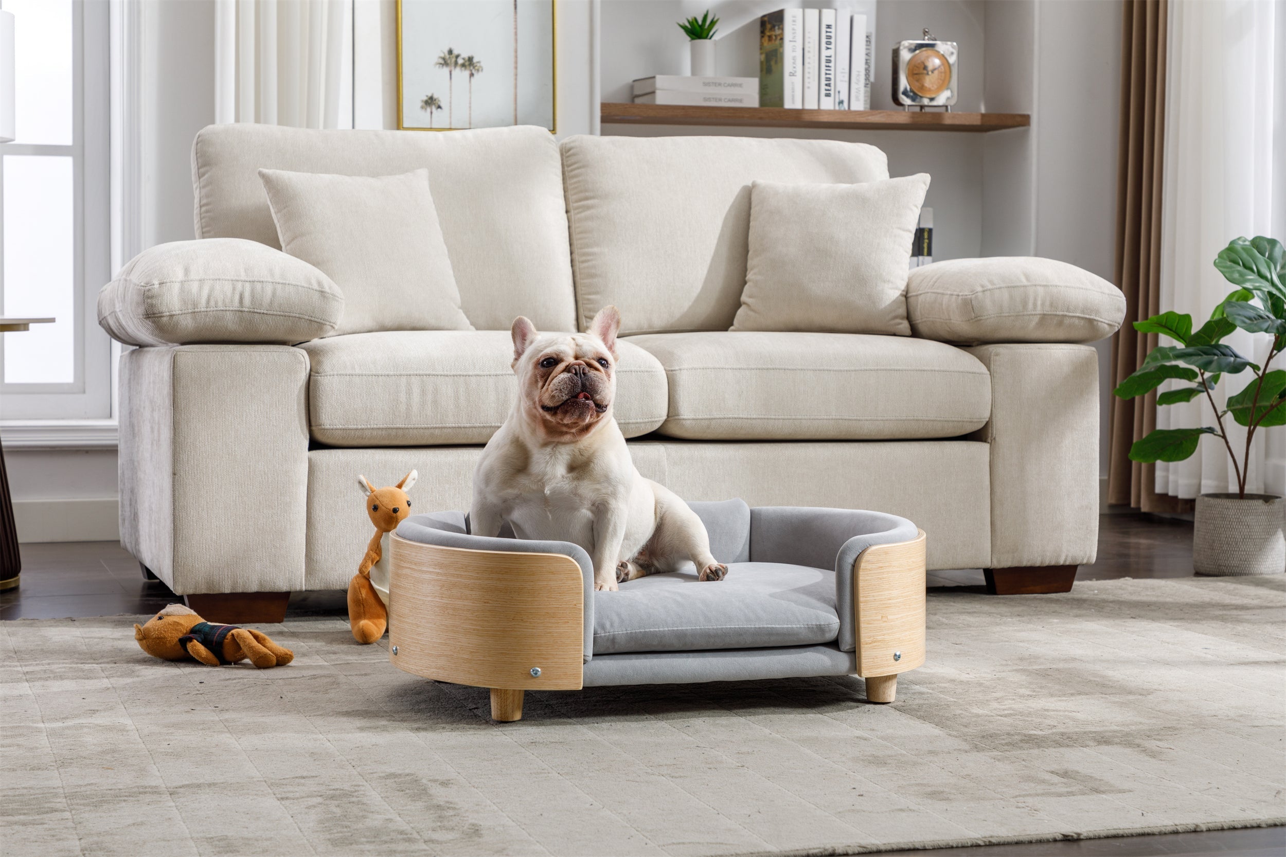 Scandinavian Style Elevated Dog Bed Pet Sofa Velvet Cushion Mid Size Light Grey