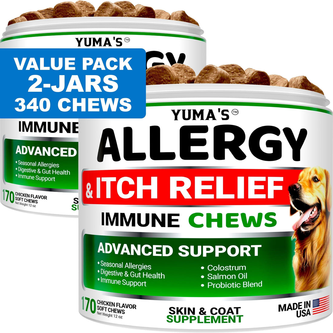 Dog Allergy Relief Chews 2-Pack Itchy Skin Relief Omega-3 Fish Oil Skin &amp; Coat