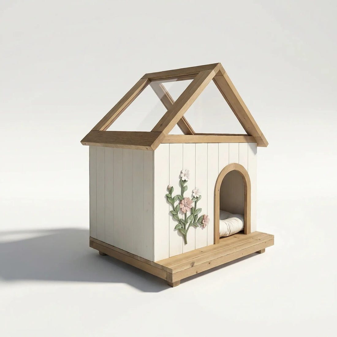 Daisy Cat House With Roof &amp; Indoor Outdoor Pet Shelter For Cats &amp; Small Dogs (11–25 Lbs) - White / Wood