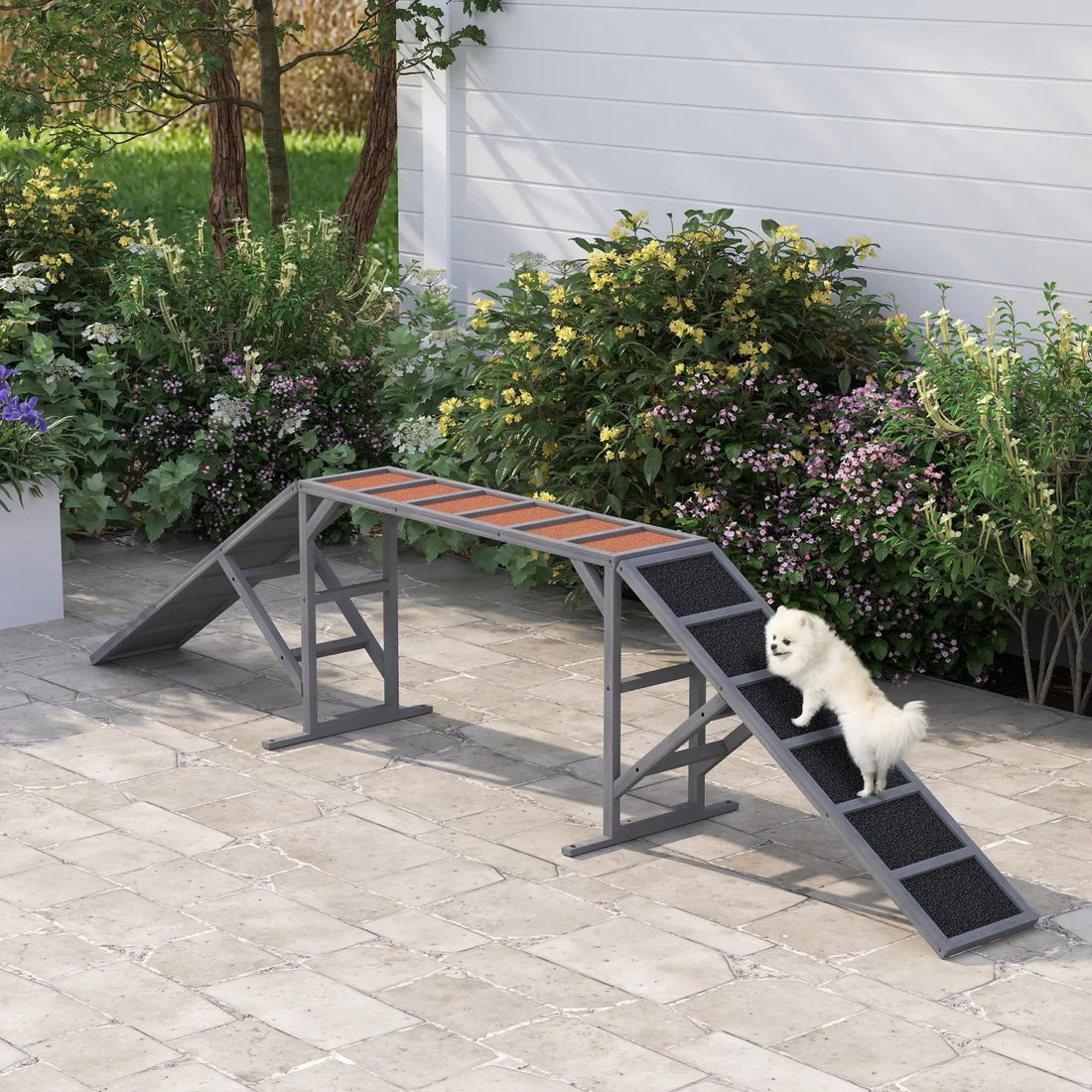 Dog Agility Equipment Ramp with Safety Bar Gray 128w