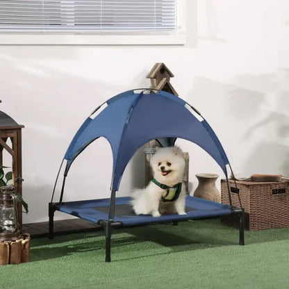 Elevated Cooling Pet Bed with Removable Canopy Blue Mesh Cot