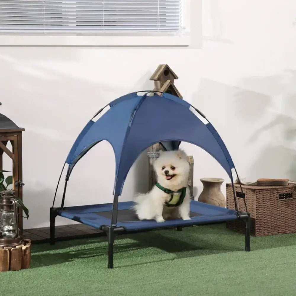 Elevated Cooling Pet Bed with Removable Canopy Blue Mesh Cot