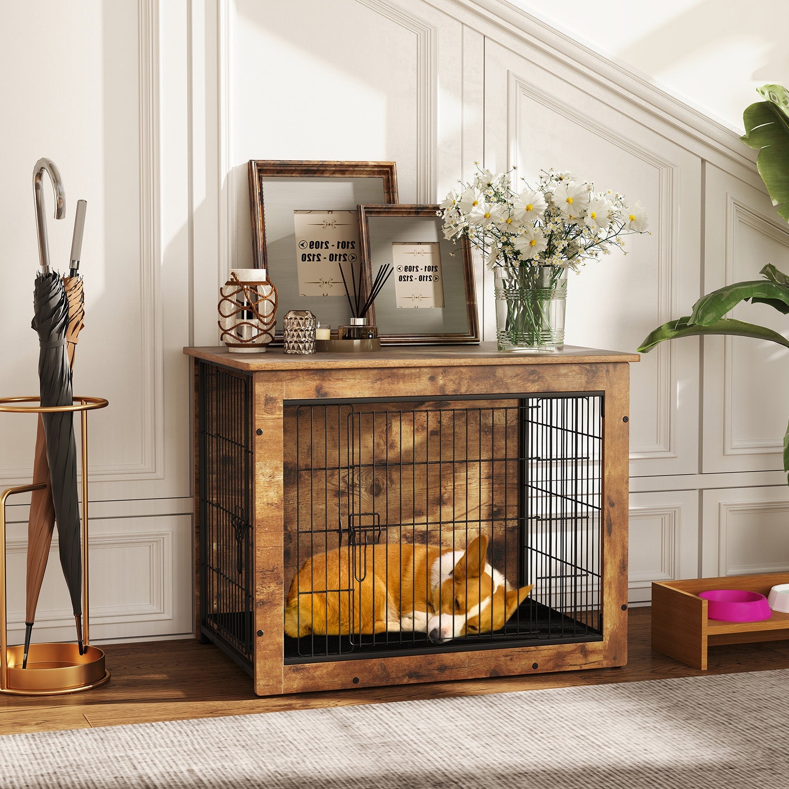 Dog Crate Furniture with Cushion and Double Doors for Small/Medium Dogs-33 Inches