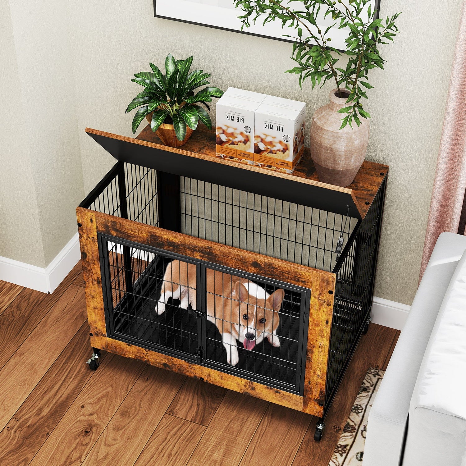 Industrial Dog Kennel with Flip-up Top 3 Lockable Doors and Removable Tray-Rustic Brown
