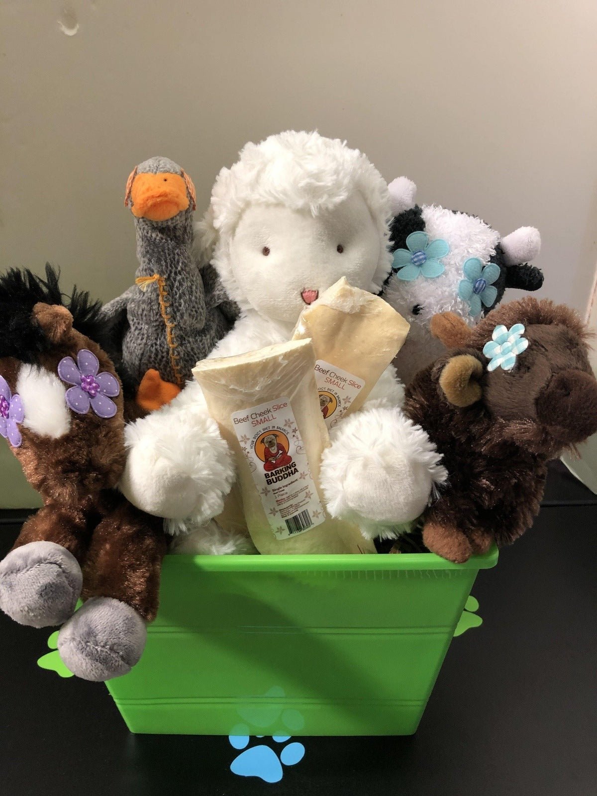 Down on the Farm Dog &amp; Puppy Gift Basket: 3 Sizes / Squeak or Silent Plush Toys