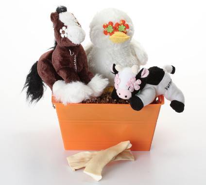 Down on the Farm Dog &amp; Puppy Gift Basket: 3 Sizes / Squeak or Silent Plush Toys