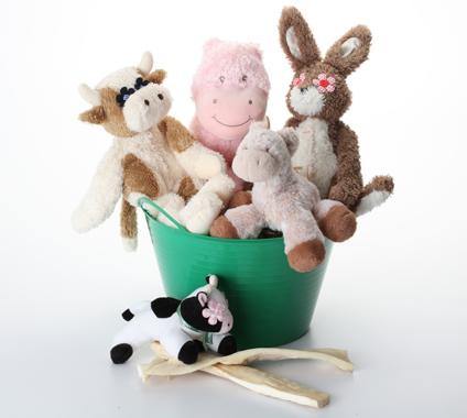 Down on the Farm Dog &amp; Puppy Gift Basket: 3 Sizes / Squeak or Silent Plush Toys