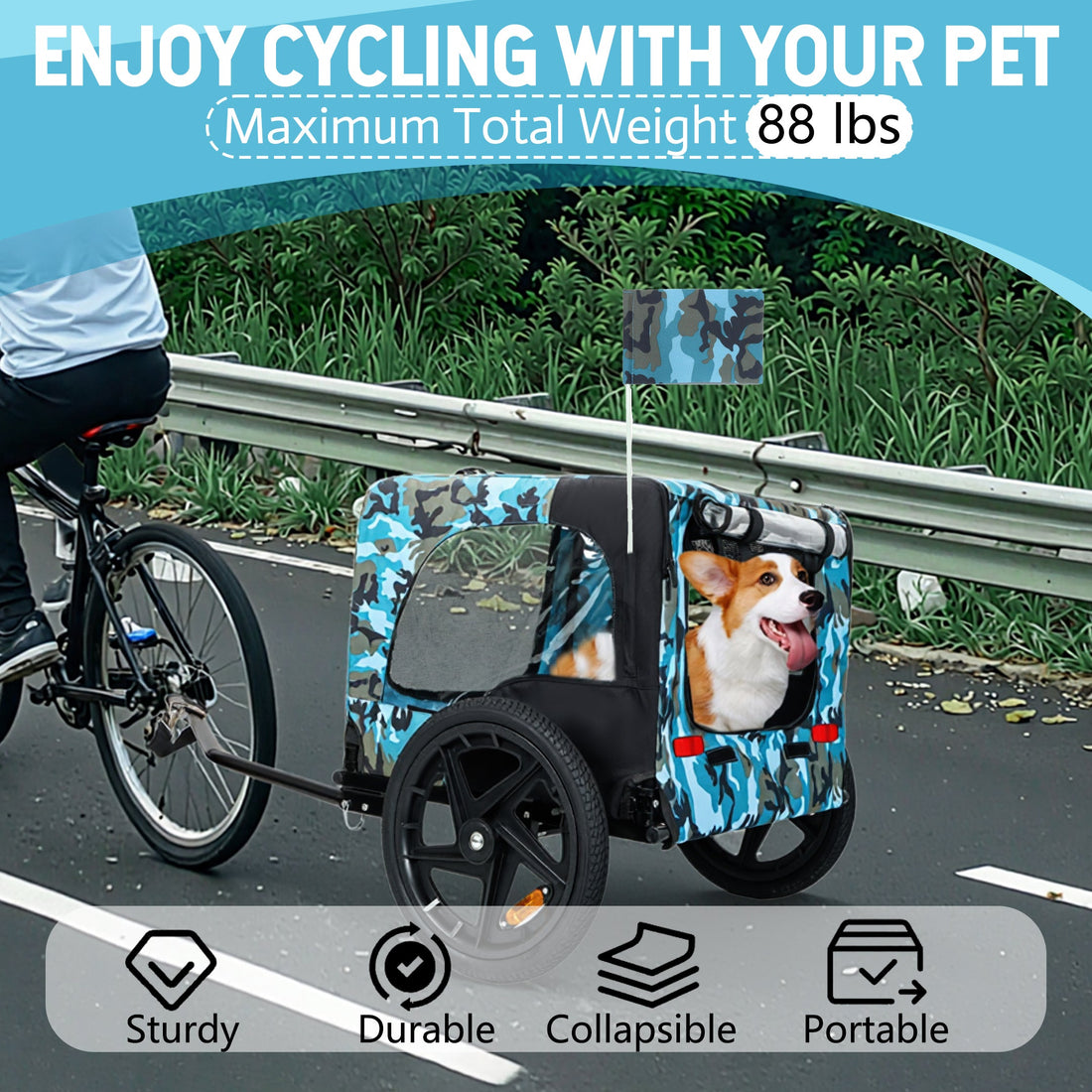Outdoor Heavy Duty Collapsible Pet Bike Trailer with 16-Inch All-Terrain Wheels &amp; Universal Hitch – Foldable Dog/Cargo Carrier Cart for Bicycles, blue+black