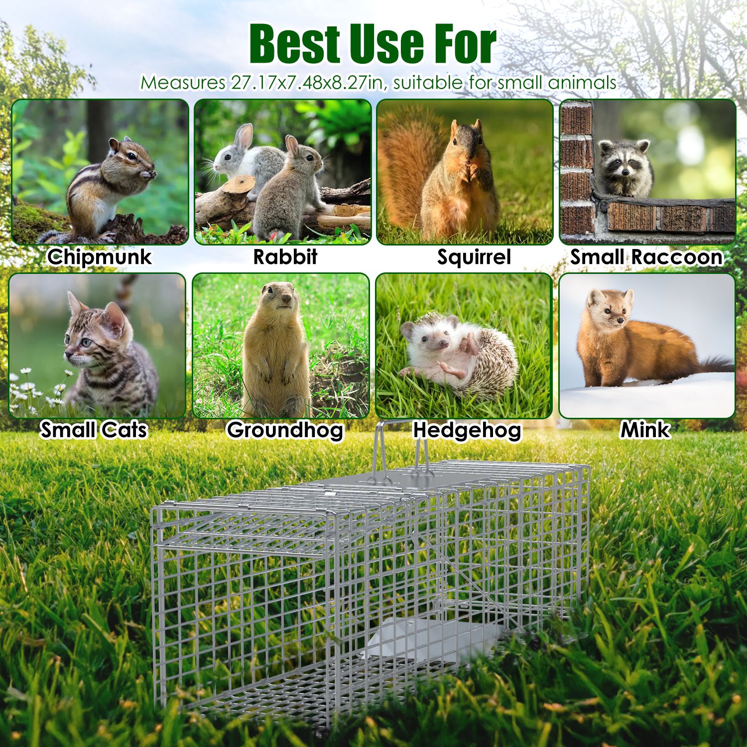 Live Animal Trap Cage 27x7.5x8in Folding Catch and Release Steel Humane Cat Trap for Racoons Stray Cats Rabbits Beavers Hedgehogs Chipmunk Small Anima