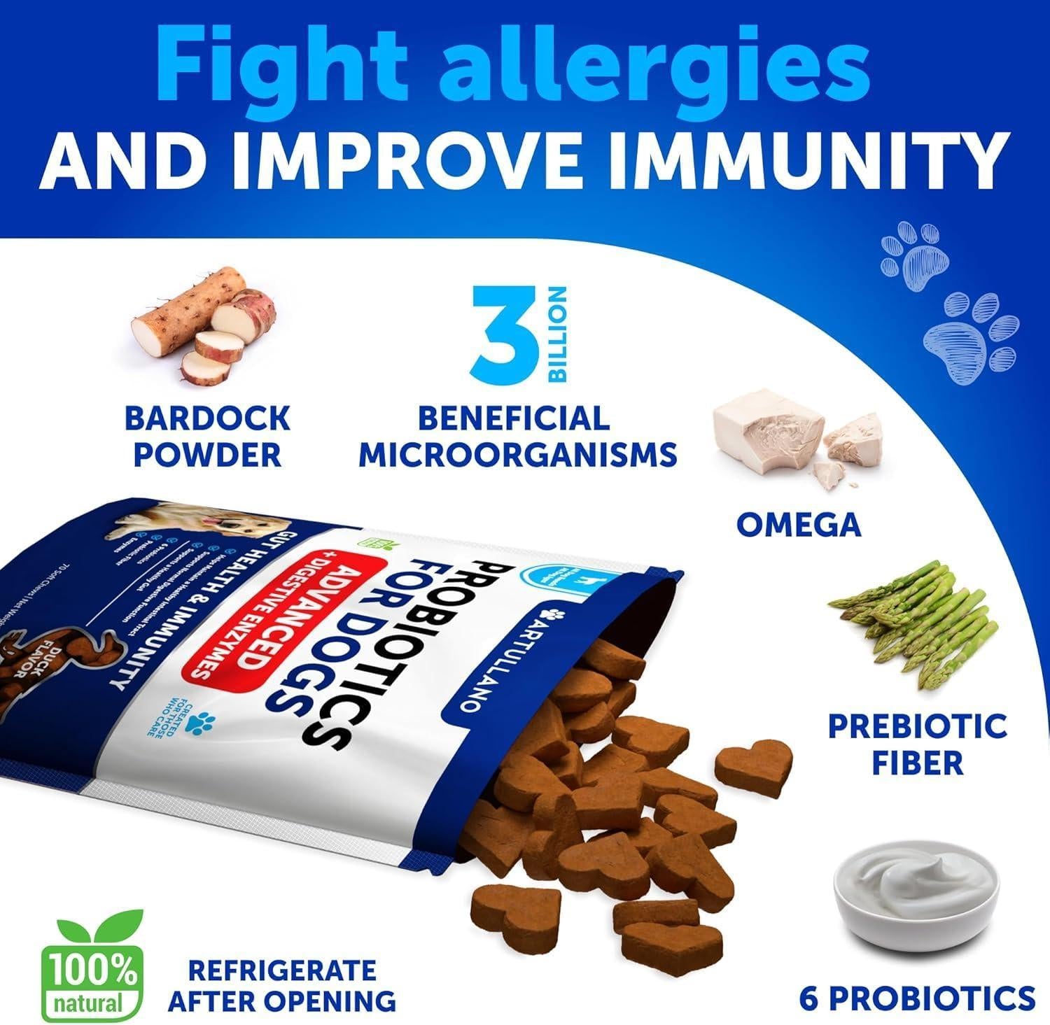 Probiotics for Dogs 70 Chews Duck Flavor Gut Health &amp; Prebiotics