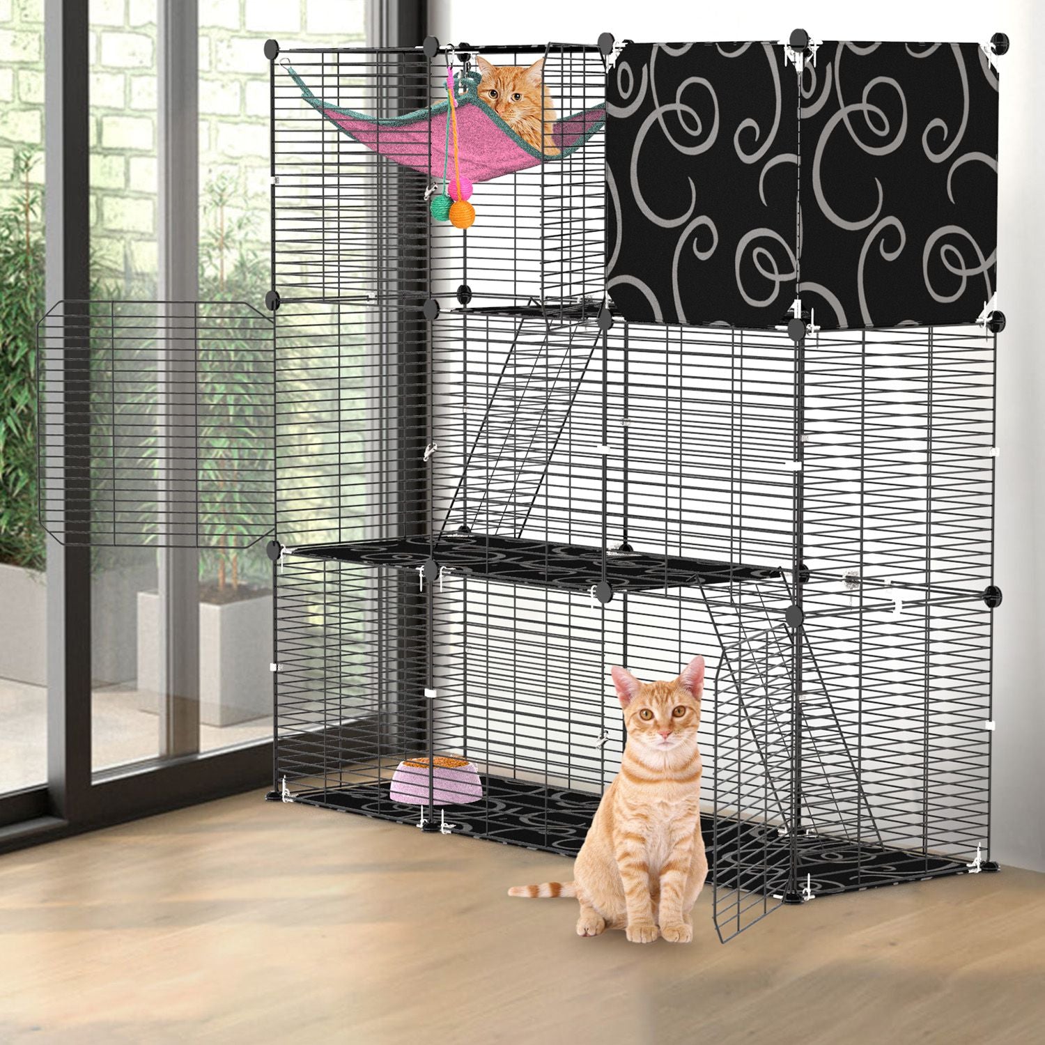 3-Tier Cat Cage Enclosure Indoor Cat Cage Playpen With Hammock Toy Ball Ladder DIY Iron Wire Cat House Kennels Crate For 1-2 Cats Ferret Rabbit Small