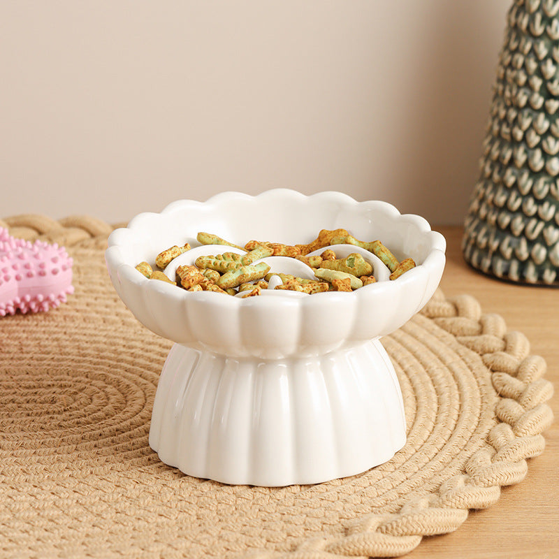Elevated Ceramic Slow Feed Dish For Cats And Small Dogs, Flower Pool Design Pet Slow Feeder With Higher Edges,Raised Pet Bowl For Dry &amp; Wet Food