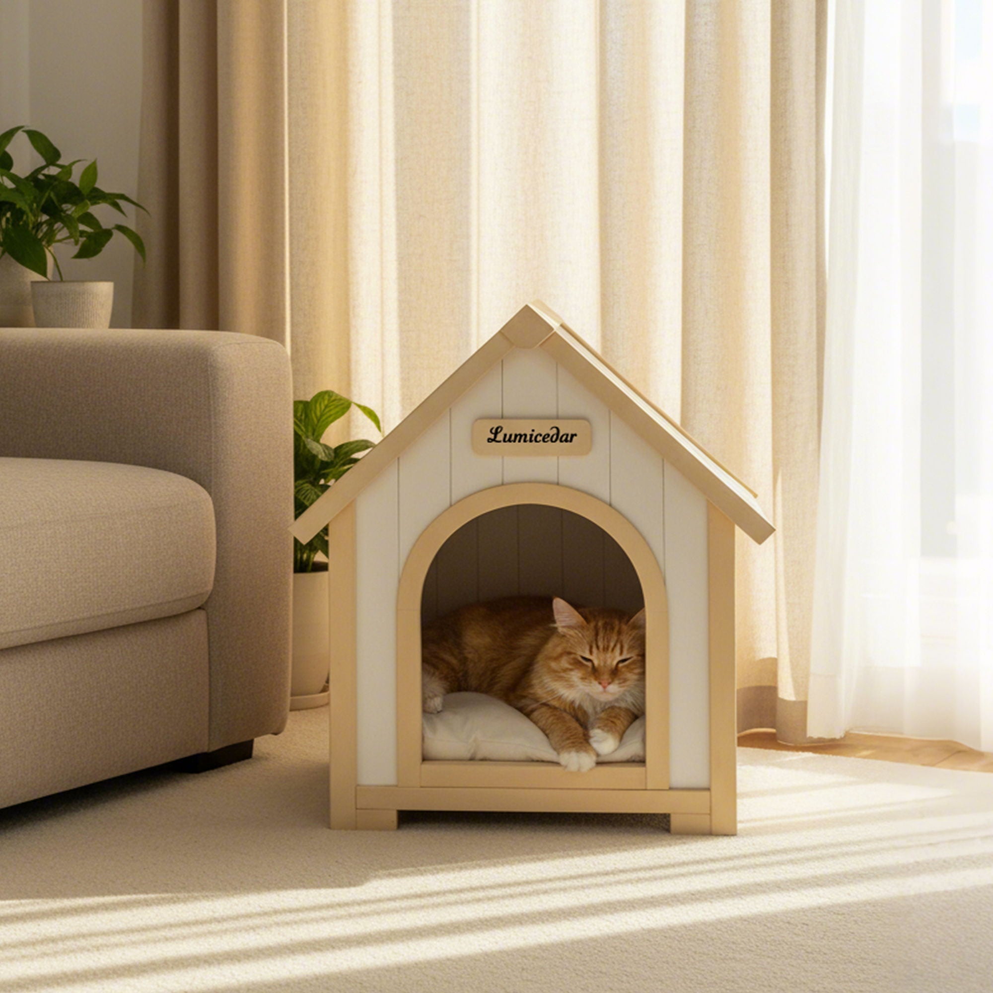 Indoor Dog House With Cushion Pet House For Small Dogs &amp; Cats - Creamy White / Light Yellow