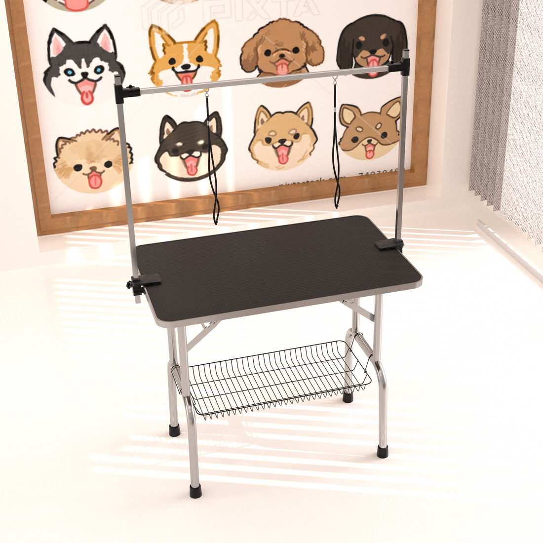 Professional Dog Grooming Table Large Adjustable Heavy Duty Portable with Arm and Noose Mesh Tray in Black Stainless Steel