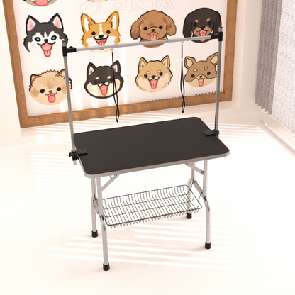 Professional Dog Grooming Table Large Adjustable Heavy Duty Portable with Arm and Noose Mesh Tray in Black Stainless Steel
