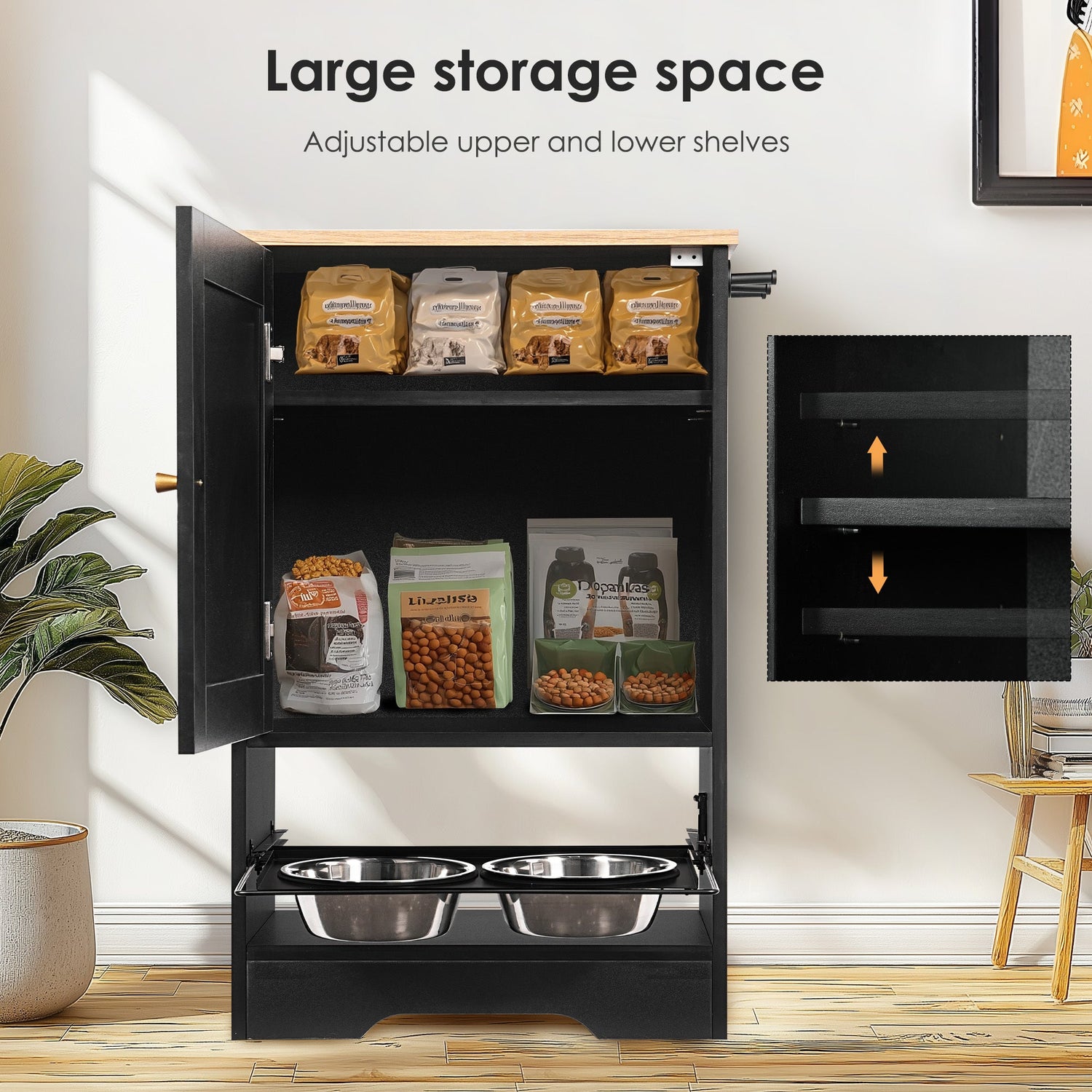 Feeding Station with 1 Storage Cabinets, Pet Feeding Station with 2 Elevated Dog Bowls, Side Hooks, Anti-tip Kit, Hidden Pet Feeder Station for Feeding &amp; Watering, Black
