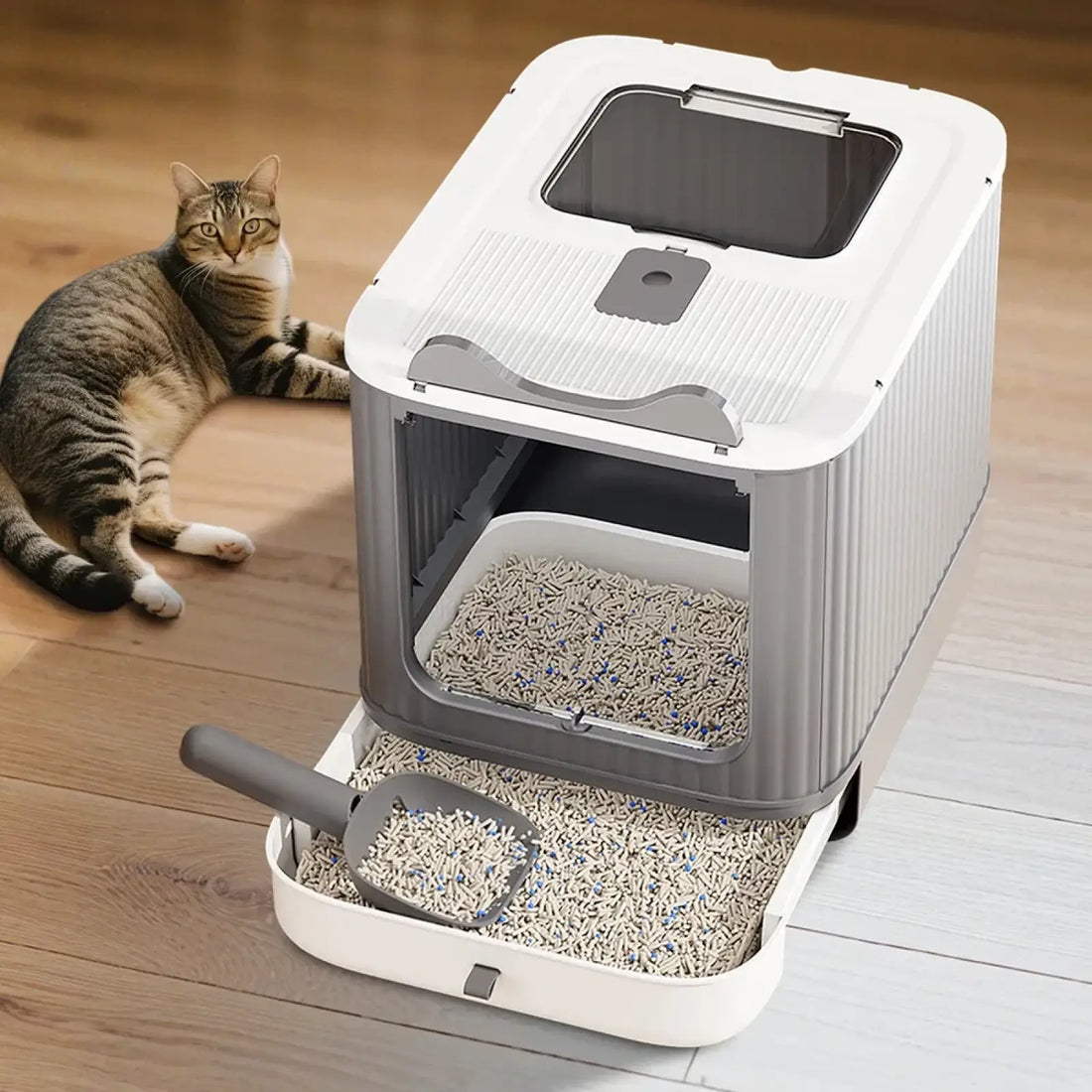 Elf White Cat Litter Box Elevated Leak Proof Design