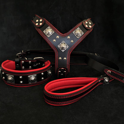 "EROS" BIG dog SET- Harness - collar - lead. Black &amp; Red