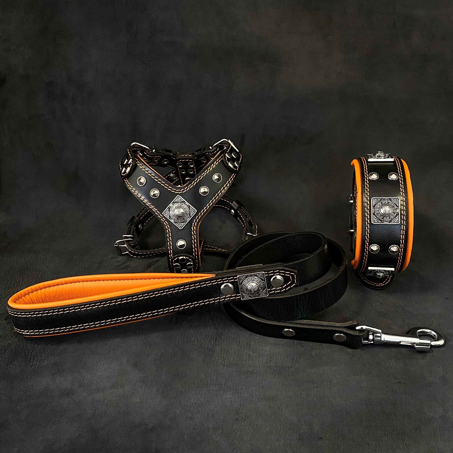"EROS" Small to Medium dog SET - Harness - collar - lead Black&amp;Orange