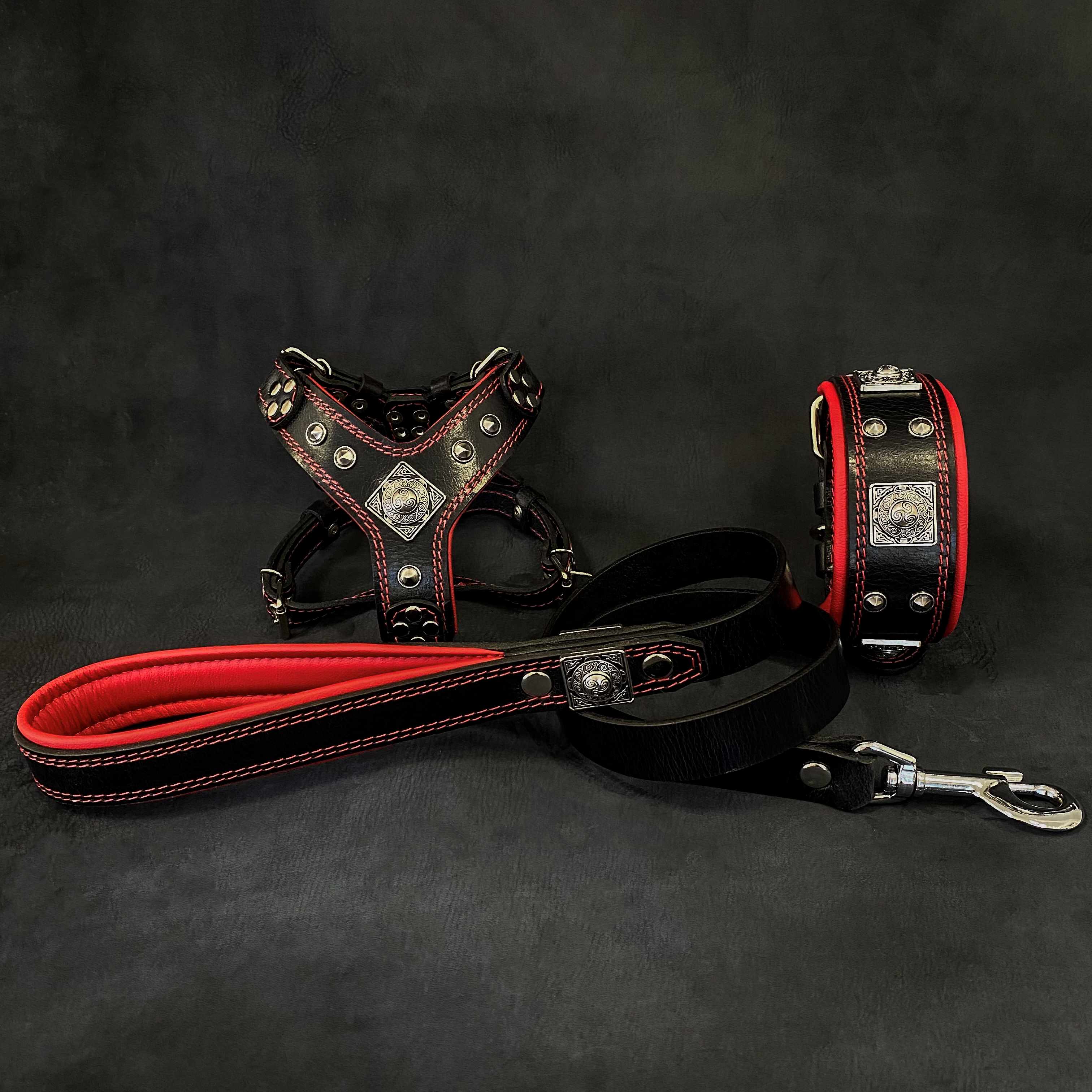 "EROS" Small to Medium dog SET - Harness - collar - lead Black&amp;Red