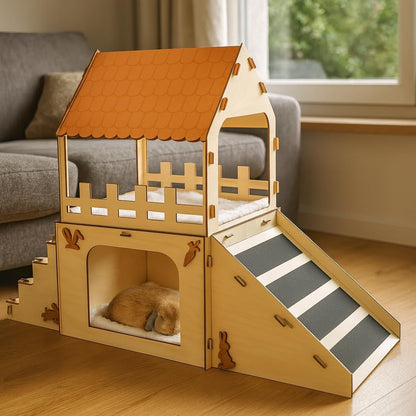 Rabbit Hideout House Wooden Bunny Castle for Small Pets Indoor Cage