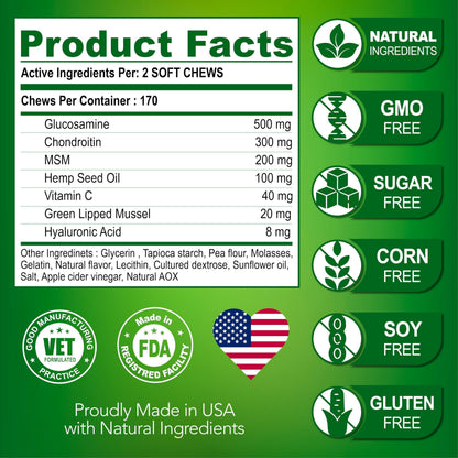 Glucosamine for Dogs 170 Mobility Chews Chondroitin MSM &amp; Hemp