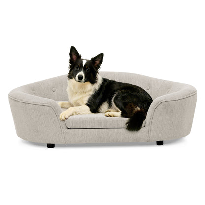 OVERSIZED Size Oval Semi-Enclosed Dog Sofa - Durable Linen Material, Button-Tufted Backrest, High-Center Low-Sides Support &amp; Plush Comfort-Beige