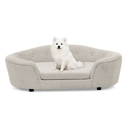 OVERSIZED Size Oval Semi-Enclosed Dog Sofa - Durable Linen Material, Button-Tufted Backrest, High-Center Low-Sides Support &amp; Plush Comfort-Beige