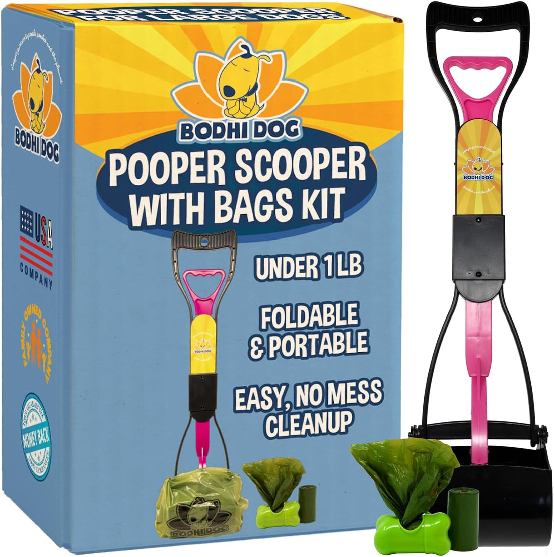 Dog Pooper Scooper Kit with Waste Bags &amp; Holder Long Handle Cleanup Set