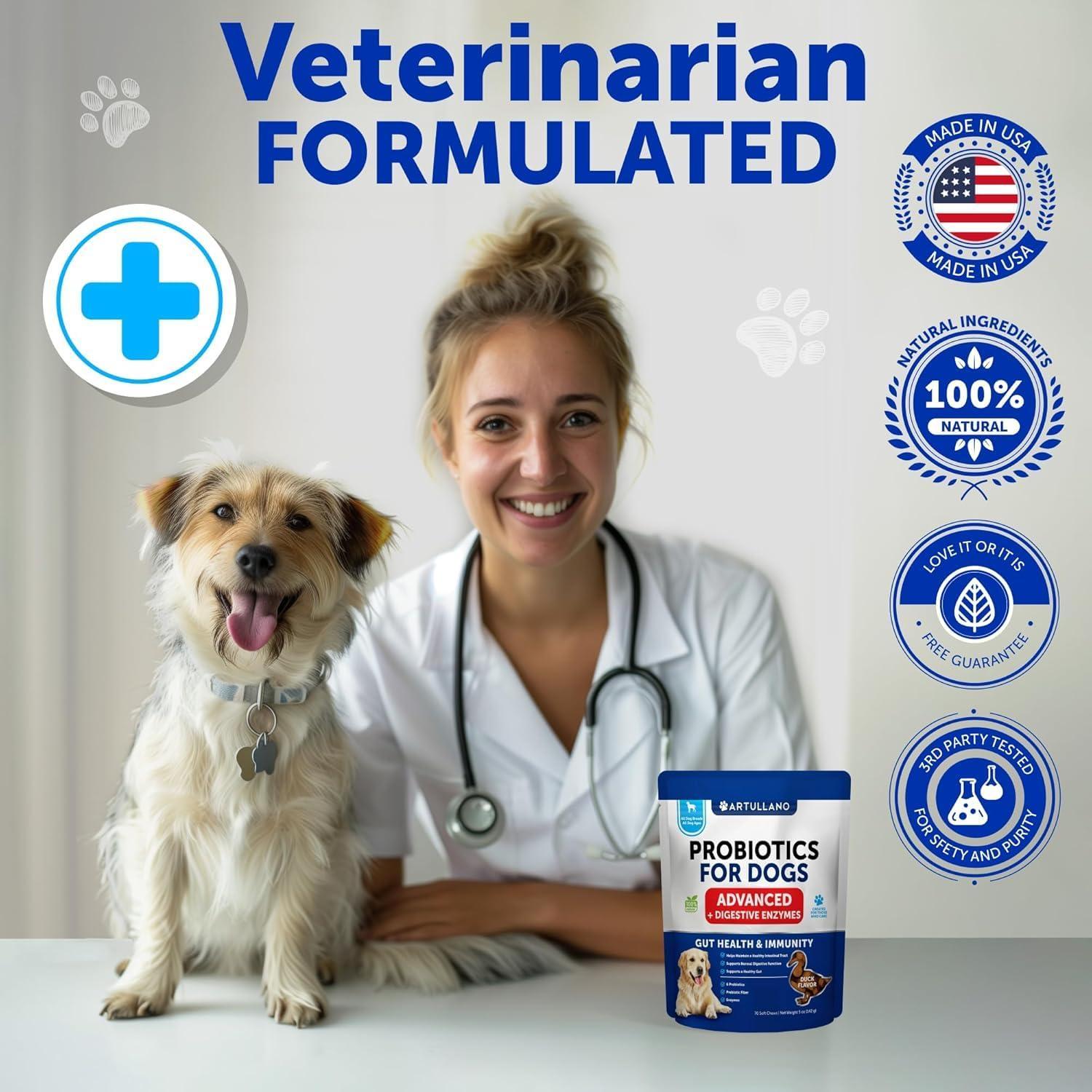 Probiotics for Dogs 70 Chews Duck Flavor Gut Health &amp; Prebiotics