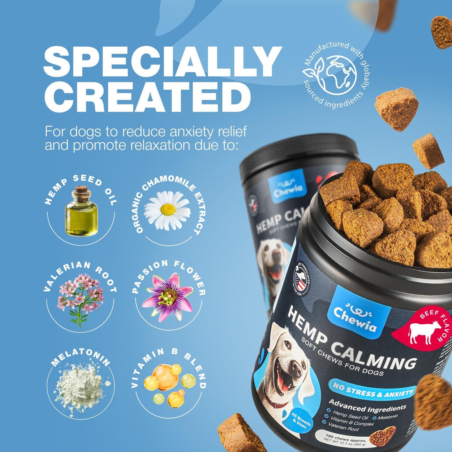 Hemp Calming Chews for Dogs Anxiety Relief L-Theanine &amp; Chamomile
