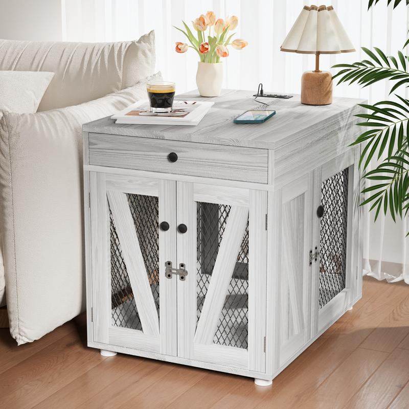 Dog Crate End Table Furniture with Drawer &amp; USB Charging | Wooden Dog Kennel for Medium Dogs